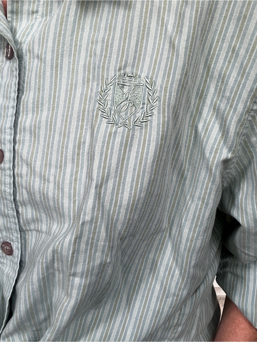 Vintage mint Green Striped Button Down Shirt embroidered emblem - Picture 6 of 9